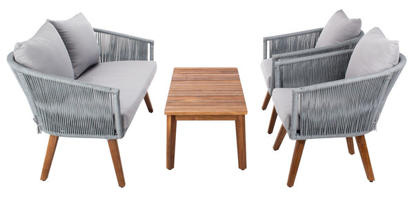 Velso 4-Piece Luxe Boho Outdoor Living Set with Acacia Wood, Navy Rope, and Cozy Beige Cushions