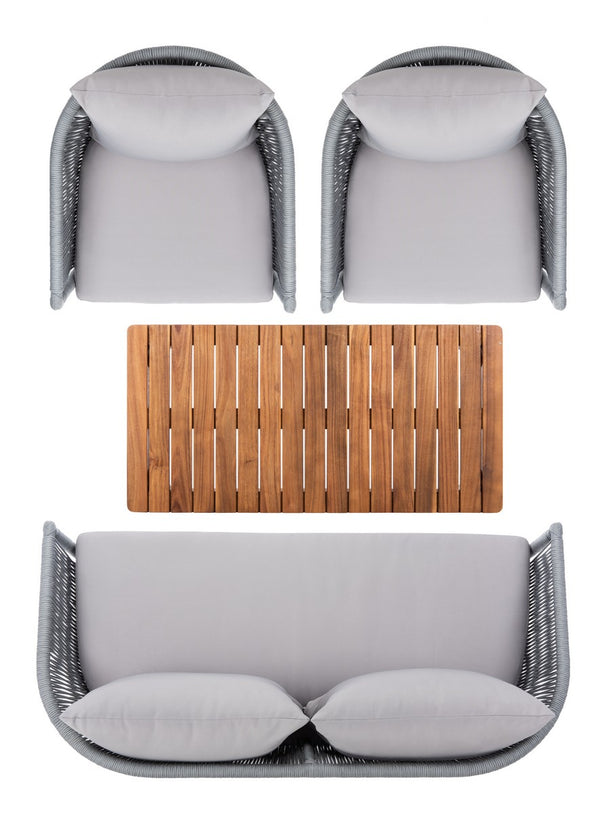 Velso 4-Piece Luxe Boho Outdoor Living Set with Acacia Wood, Navy Rope, and Cozy Beige Cushions