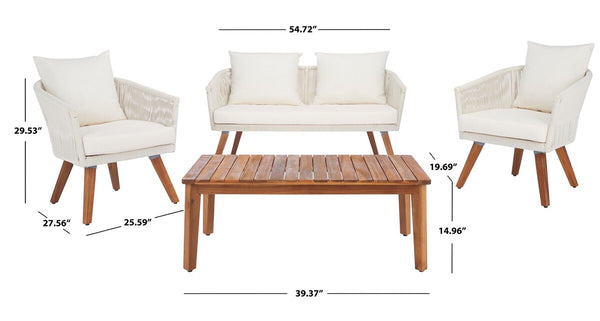 Velso 4-Piece Luxe Boho Outdoor Living Set with Acacia Wood, Navy Rope, and Cozy Beige Cushions