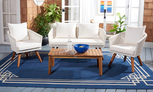 Velso 4-Piece Luxe Boho Outdoor Living Set with Acacia Wood, Navy Rope, and Cozy Beige Cushions