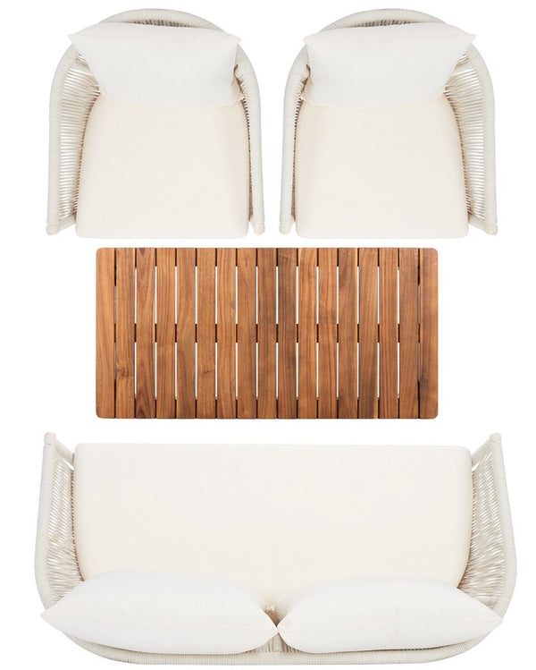 Velso 4-Piece Luxe Boho Outdoor Living Set with Acacia Wood, Navy Rope, and Cozy Beige Cushions