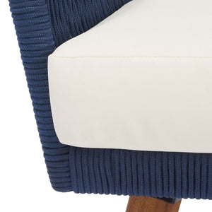 Velso 4-Piece Luxe Boho Outdoor Living Set with Acacia Wood, Navy Rope, and Cozy Beige Cushions