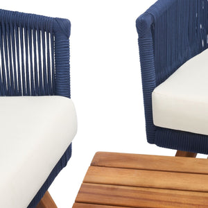 Velso 4-Piece Luxe Boho Outdoor Living Set with Acacia Wood, Navy Rope, and Cozy Beige Cushions