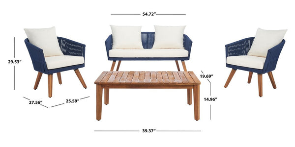 Velso 4-Piece Luxe Boho Outdoor Living Set with Acacia Wood, Navy Rope, and Cozy Beige Cushions