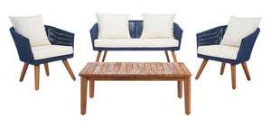 Velso 4-Piece Luxe Boho Outdoor Living Set with Acacia Wood, Navy Rope, and Cozy Beige Cushions