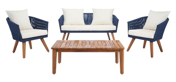 Velso 4-Piece Luxe Boho Outdoor Living Set with Acacia Wood, Navy Rope, and Cozy Beige Cushions