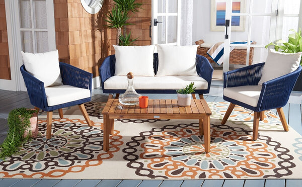 Velso 4-Piece Luxe Boho Outdoor Living Set with Acacia Wood, Navy Rope, and Cozy Beige Cushions