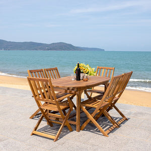 Hikaru Dining Set – Rustic Acacia Wood Outdoor Dining Ensemble with Umbrella Opening for Comfort