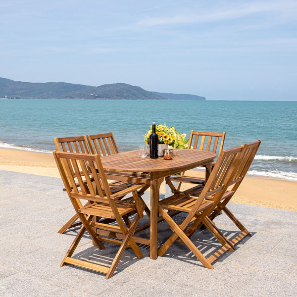 Hikaru Dining Set – Rustic Acacia Wood Outdoor Dining Ensemble with Umbrella Opening for Comfort