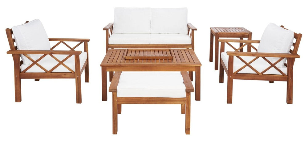 Loanna 6-Piece Outdoor Living Set: Chic Beige Upholstered Furniture with Elegant Natural Wood Accents