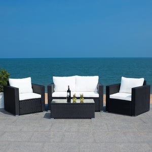 Machie 4 Piece Outdoor Living Set - Elegant Wicker Frame with Plush Cushions & Glass Coffee Table