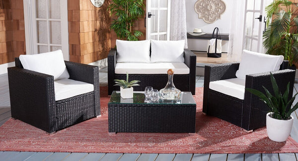 Machie 4 Piece Outdoor Living Set - Elegant Wicker Frame with Plush Cushions & Glass Coffee Table