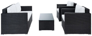 Machie 4 Piece Outdoor Living Set - Elegant Wicker Frame with Plush Cushions & Glass Coffee Table