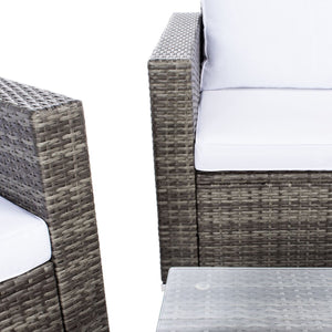 Machie 4 Piece Outdoor Living Set - Elegant Wicker Frame with Plush Cushions & Glass Coffee Table
