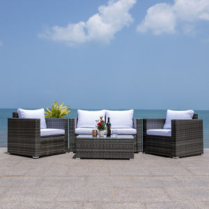 Machie 4 Piece Outdoor Living Set - Elegant Wicker Frame with Plush Cushions & Glass Coffee Table