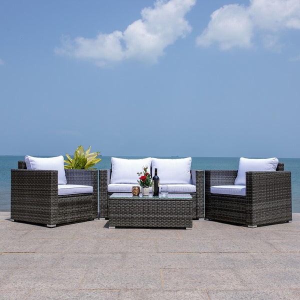 Machie 4 Piece Outdoor Living Set - Elegant Wicker Frame with Plush Cushions & Glass Coffee Table