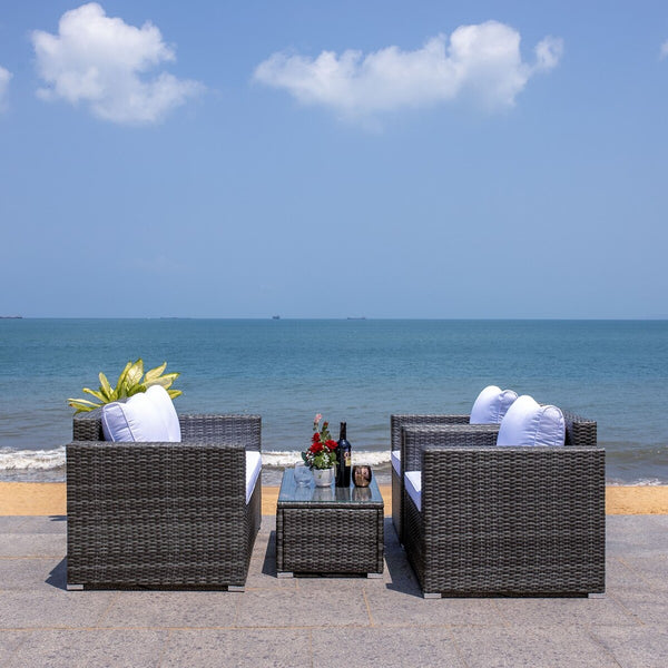 Machie 4 Piece Outdoor Living Set - Elegant Wicker Frame with Plush Cushions & Glass Coffee Table