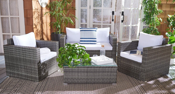 Machie 4 Piece Outdoor Living Set - Elegant Wicker Frame with Plush Cushions & Glass Coffee Table