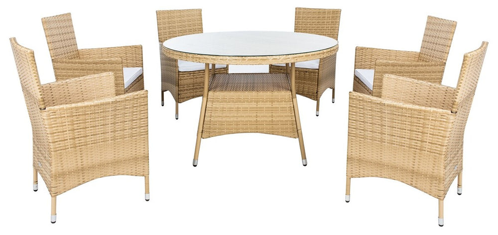 Challe Dining Set - Stylish Outdoor Entertainment with Woven Chairs and Round Glass Table Design