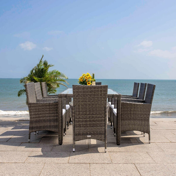 Hailee Dining Set – Contemporary Chic Outdoor Dining Experience with Glass Top Table and Wicker Chairs