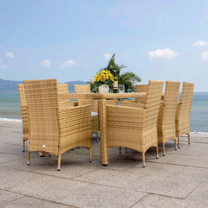 Hailee Dining Set – Contemporary Chic Outdoor Dining Experience with Glass Top Table and Wicker Chairs