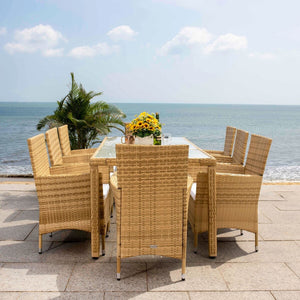 Hailee Dining Set – Contemporary Chic Outdoor Dining Experience with Glass Top Table and Wicker Chairs