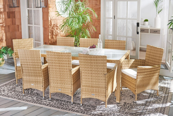 Hailee Dining Set – Contemporary Chic Outdoor Dining Experience with Glass Top Table and Wicker Chairs