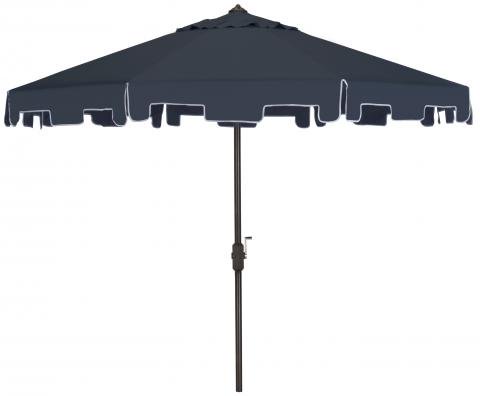 Safavieh Zimmerman Umbrella with Flap UV Resistant 9' Crank Market Auto Tilt Navy Brown Metal Hardwood Polyester Aluminum PAT8000A 889048036253