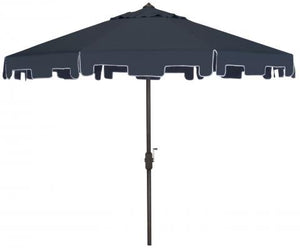 Safavieh Zimmerman Umbrella with Flap UV Resistant 9' Crank Market Auto Tilt Navy Brown Metal Hardwood Polyester Aluminum PAT8000A 889048036253