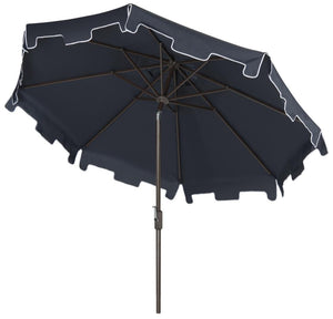 Safavieh Zimmerman Umbrella with Flap UV Resistant 9' Crank Market Auto Tilt Navy Brown Metal Hardwood Polyester Aluminum PAT8000A 889048036253
