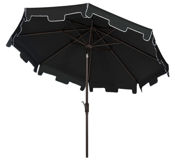 Safavieh Zimmerman Umbrella with Flap UV Resistant 9' Crank Market Auto Tilt Black White Brown Metal Hardwood Polyester Aluminum PAT8000H 889048170278