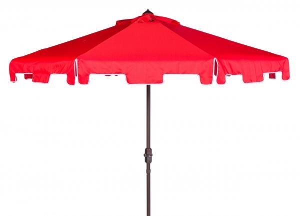 Safavieh Zimmerman Umbrella with Flap UV Resistant 9' Crank Market Auto Tilt Red White Brown Metal Hardwood Polyester Aluminum PAT8000J 889048314566