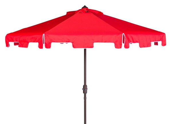 Safavieh Zimmerman Umbrella with Flap UV Resistant 9' Crank Market Auto Tilt Red White Brown Metal Hardwood Polyester Aluminum PAT8000J 889048314566