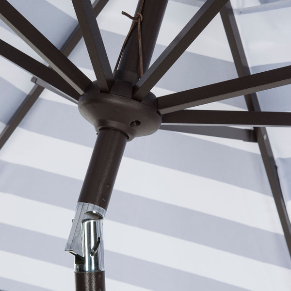 Safavieh Iris Umbrella Fashion Line UV Resistant 9' Auto Tilt Navy White Brown Metal Fsc-Certified Hardwood Polyester Aluminum PAT8004B 889048189744