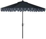Safavieh Elegant Valance Umbrella UV Resistant 9' Auto Tilt Navy White Brown Metal Fsc-Certified Hardwood Polyester Aluminum PAT8006A 889048189782