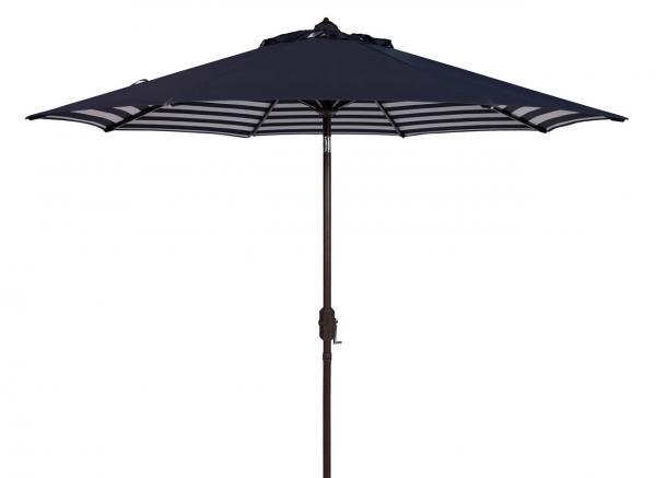 Safavieh Athens Umbrella Inside Out Striped 9' Crank Outdoor Auto Tilt Navy White Brown Metal Hardwood Polyester Aluminum PAT8007A 889048314658