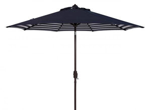 Safavieh Athens Umbrella Inside Out Striped 9' Crank Outdoor Auto Tilt Navy White Brown Metal Hardwood Polyester Aluminum PAT8007A 889048314658