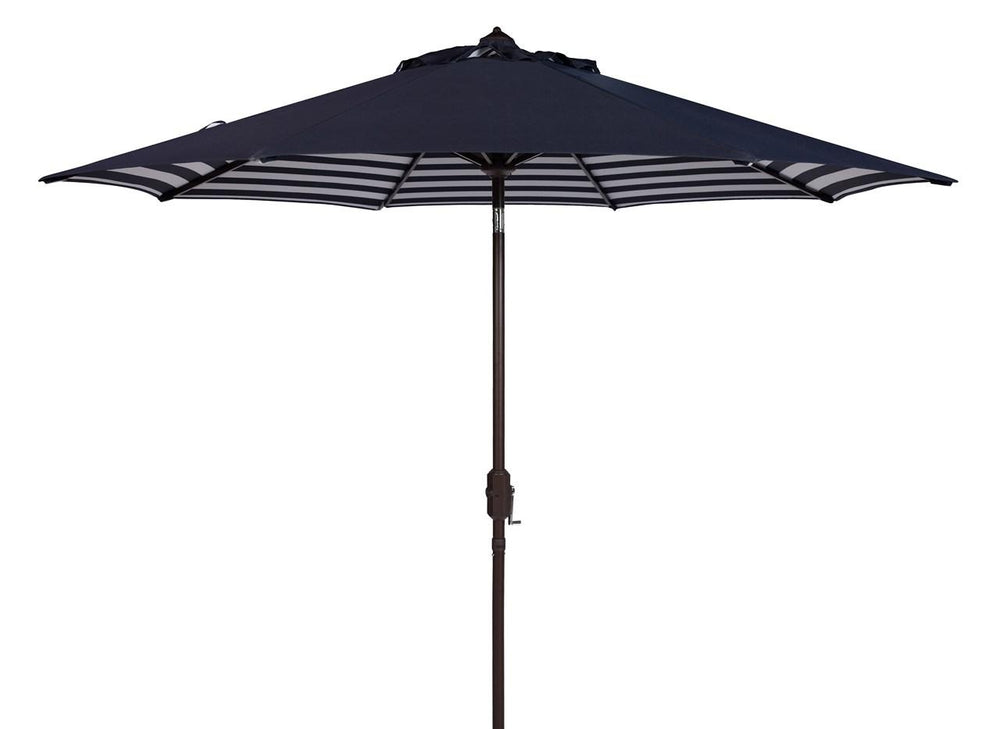 Safavieh Athens Umbrella Inside Out Striped 9' Crank Outdoor Auto Tilt Navy White Brown Metal Hardwood Polyester Aluminum PAT8007A 889048314658