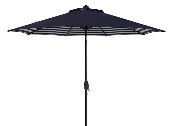 Safavieh Athens Umbrella Inside Out Striped 9' Crank Outdoor Auto Tilt Navy White Brown Metal Hardwood Polyester Aluminum PAT8007A 889048314658