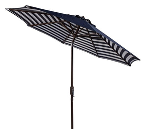 Safavieh Athens Umbrella Inside Out Striped 9' Crank Outdoor Auto Tilt Navy White Brown Metal Hardwood Polyester Aluminum PAT8007A 889048314658