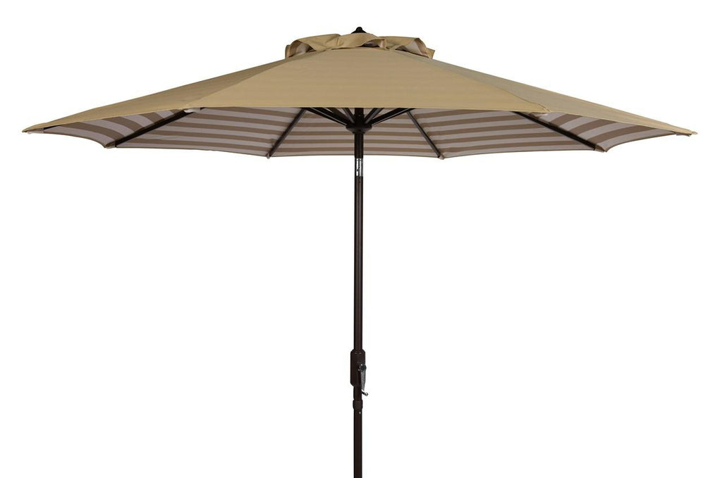 Safavieh Athens Umbrella Inside Out Striped 9' Crank Outdoor Auto Tilt Beige White Brown Metal Hardwood Polyester Aluminum PAT8007B 889048314665
