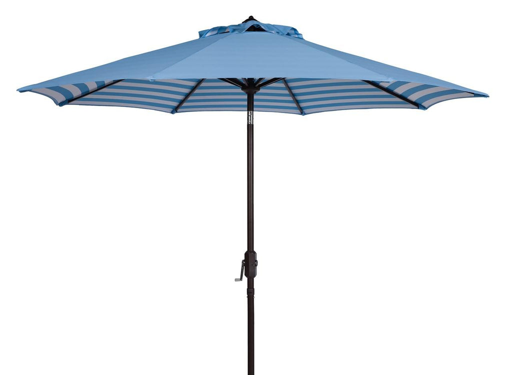 Safavieh Athens Umbrella Inside Out Striped 9' Crank Outdoor Auto Tilt Blue White Brown Metal Hardwood Polyester Aluminum PAT8007C 889048314672