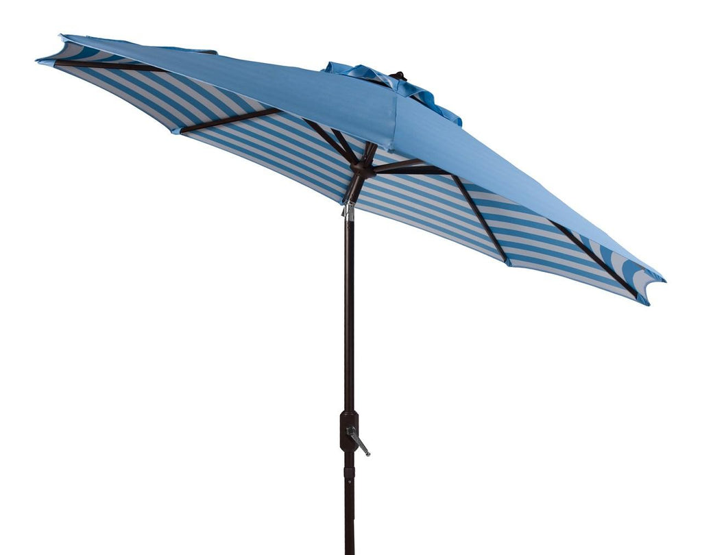Safavieh Athens Umbrella Inside Out Striped 9' Crank Outdoor Auto Tilt Blue White Brown Metal Hardwood Polyester Aluminum PAT8007C 889048314672