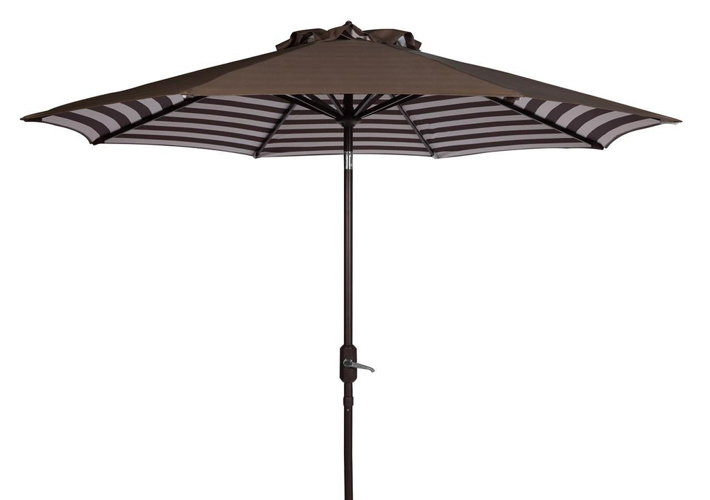 Safavieh Athens Umbrella Inside Out Striped 9' Crank Outdoor Auto Tilt Brown White Metal Hardwood Polyester Aluminum PAT8007D 889048314689