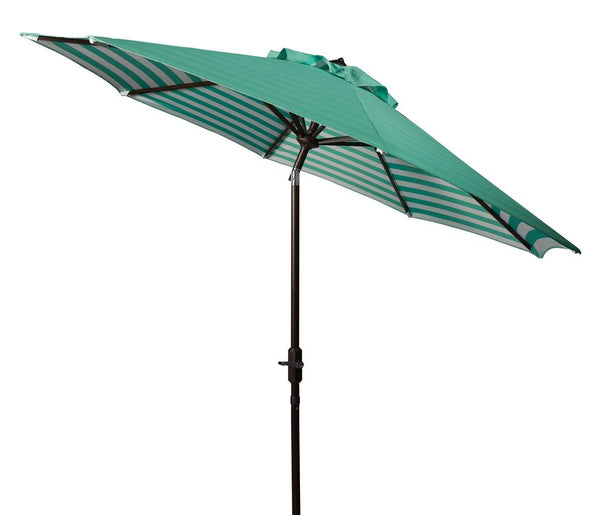 Safavieh Athens Umbrella Inside Out Striped 9' Crank Outdoor Auto Tilt Dark Green White Brown Metal Hardwood Polyester Aluminum PAT8007E 889048314696