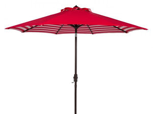 Safavieh Athens Umbrella Inside Out Striped 9' Crank Outdoor Auto Tilt Red White Brown Metal Hardwood Polyester Aluminum PAT8007F 889048314702