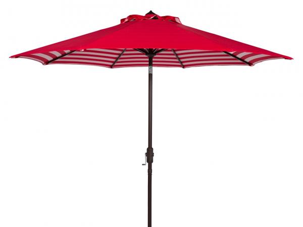 Safavieh Athens Umbrella Inside Out Striped 9' Crank Outdoor Auto Tilt Red White Brown Metal Hardwood Polyester Aluminum PAT8007F 889048314702