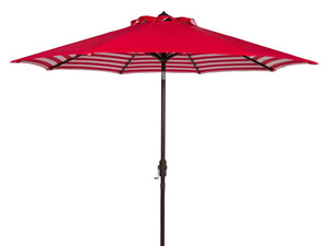 Safavieh Athens Umbrella Inside Out Striped 9' Crank Outdoor Auto Tilt Red White Brown Metal Hardwood Polyester Aluminum PAT8007F 889048314702