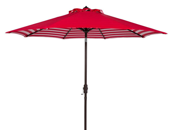Safavieh Athens Umbrella Inside Out Striped 9' Crank Outdoor Auto Tilt Red White Brown Metal Hardwood Polyester Aluminum PAT8007F 889048314702