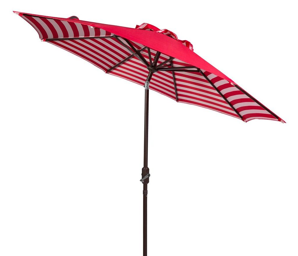 Safavieh Athens Umbrella Inside Out Striped 9' Crank Outdoor Auto Tilt Red White Brown Metal Hardwood Polyester Aluminum PAT8007F 889048314702
